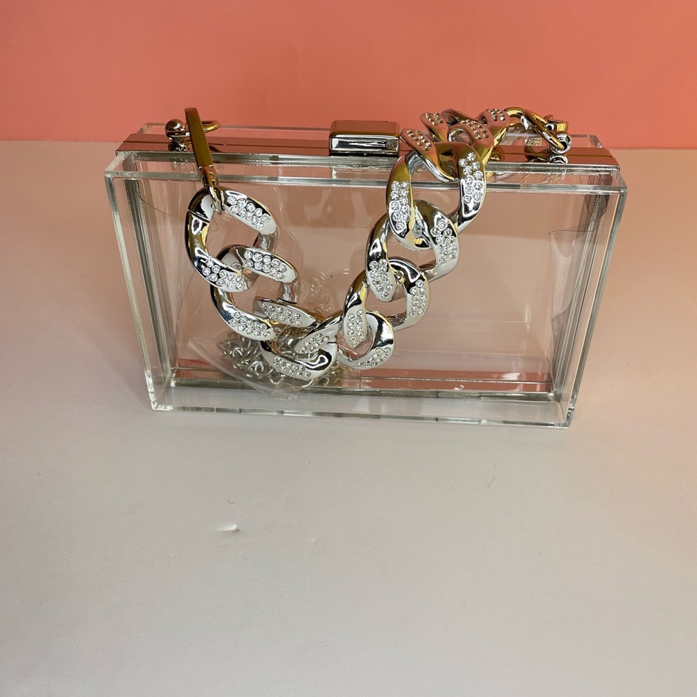 Crystal Chunky Chain Silver/Clear Box Clutch Handbag - Picture 3 of 7
